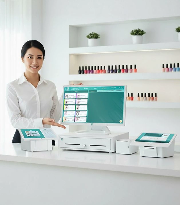 Nail salon professional presenting a RAVO POS system at the front desk