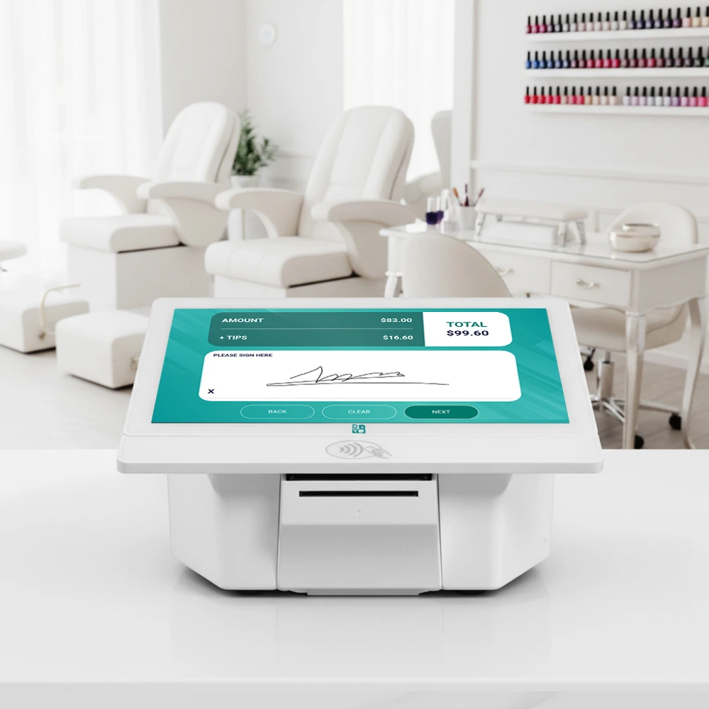 RAVO signature terminal at a modern nail salon checkout